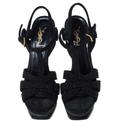 مملوكة مسبقًا Saint Laurent Black Suede Tribute Platform Ankle Strap Sandals Size 38.5