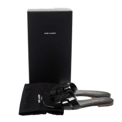 مملوكة مسبقًا Saint Laurent Paris Dark Grey Patent Leather Tribute Flat Slides Size 39