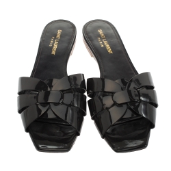 مملوكة مسبقًا Saint Laurent Paris Dark Grey Patent Leather Tribute Flat Slides Size 39