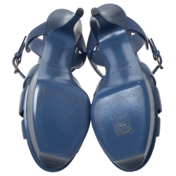 مملوكة مسبقًا Saint Laurent Aegean Blue Leather Tribute Platform Ankle Strap Sandals Size 37