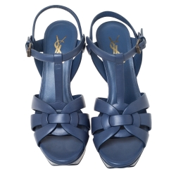 مملوكة مسبقًا Saint Laurent Aegean Blue Leather Tribute Platform Ankle Strap Sandals Size 37