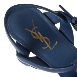 مملوكة مسبقًا Saint Laurent Aegean Blue Leather Tribute Platform Ankle Strap Sandals Size 37