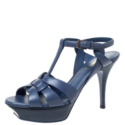 مملوكة مسبقًا Saint Laurent Aegean Blue Leather Tribute Platform Ankle Strap Sandals Size 37