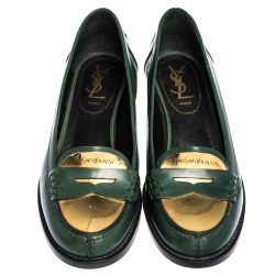 Pre Owned Saint Laurent Paris Green Leather Penny Loafers Size 37