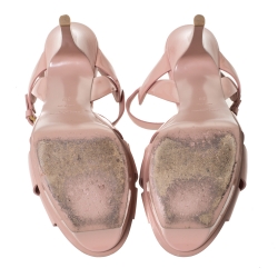 Pre Owned Saint Laurent Paris Beige Patent Leather Tribute Platform Ankle Strap Sandals Size 39