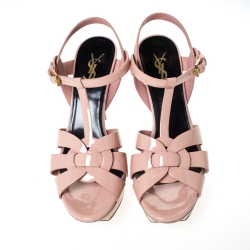 Pre Owned Saint Laurent Paris Beige Patent Leather Tribute Platform Ankle Strap Sandals Size 39
