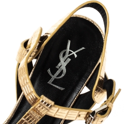 Pre Owned صندل سان لوران باريس بجلد نقشة السحلية ذهبي لامع  مقاس 40