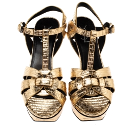 Pre Owned صندل سان لوران باريس بجلد نقشة السحلية ذهبي لامع  مقاس 40