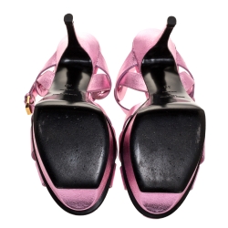 Pre Owned صندل سان لوران نعل سميك تريبوت جلد وردى ميتاليك مقاس 38