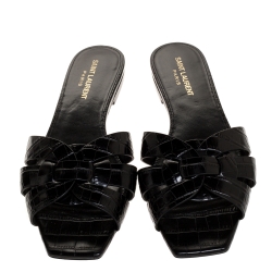 Pre Owned صندل سلايدز فلات سان لوران باريس تريبوت جلد نقش تمساح  أزرق مقاس 37.5