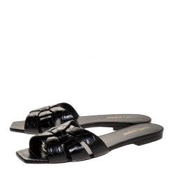 Pre Owned صندل سلايدز فلات سان لورا ن باريس تريبوت جلد نقش تمساح  أزرق مقاس 37.5