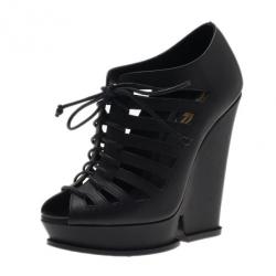 Pre Owned Saint Laurent Paris Black Leather Cut Out Hortense Wedge Booties Size 35.5