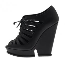 Pre Owned Saint Laurent Paris Black Leather Cut Out Hortense Wedge Booties Size 35.5