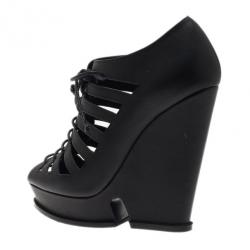 Pre Owned Saint Laurent Paris Black Leather Cut Out Hortense Wedge Booties Size 35.5