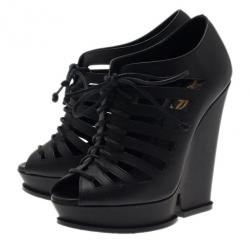 Pre Owned Saint Laurent Paris Black Leather Cut Out Hortense Wedge Booties Size 35.5