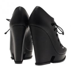 Pre Owned Saint Laurent Paris Black Leather Cut Out Hortense Wedge Booties Size 35.5
