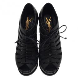 Pre Owned Saint Laurent Paris Black Leather Cut Out Hortense Wedge Booties Size 35.5