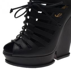 Pre Owned Saint Laurent Paris Black Leather Cut Out Hortense Wedge Booties Size 35.5