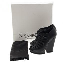 Pre Owned Saint Laurent Paris Black Leather Cut Out Hortense Wedge Booties Size 35.5