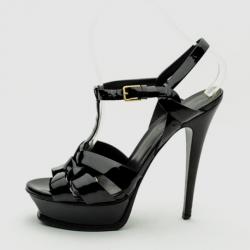 Yves Saint Laurent Black Patent Leather 'Tribute' Platform Sandals Size 37