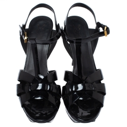 Pre Owned Saint Laurent Paris Black Patent Leather Tribute Platform Sandals Size 40.5