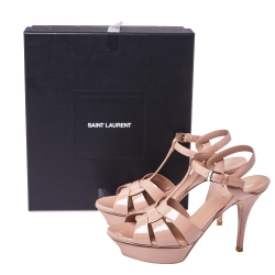 Pre Owned Saint Laurent Beige Patent Leather Tribute Platform Ankle Strap Sandals Size 39