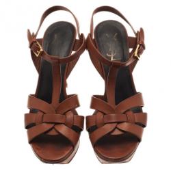 مملوكة مسبقًا Saint Laurent Paris Brown Leather Tribute Platform Sandals Size 37