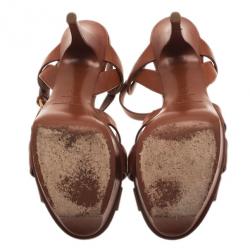 مملوكة مسبقًا Saint Laurent Paris Brown Leather Tribute Platform Sandals Size 37