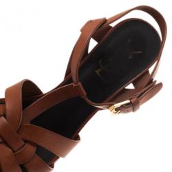 مملوكة مسبقًا Saint Laurent Paris Brown Leather Tribute Platform Sandals Size 37