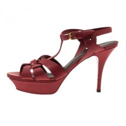 Pre Owned صندل سان لوران باريس تريبيوت مقدمة مرتفعة جلد أحمر مقاس 37.5