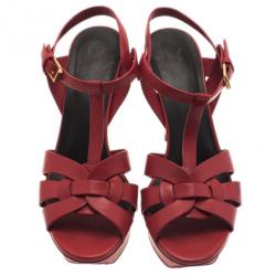 Pre Owned صندل سان لوران باريس تريبيوت مقدمة مرتفعة جلد أحمر مقاس 37.5