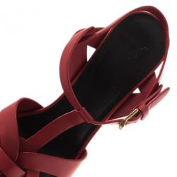 Pre Owned صندل سان لوران باريس تريبيوت مقدمة مرتفعة جلد أحمر مقاس 37.5