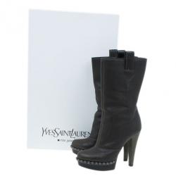 Pre Owned Saint Laurent Paris Brown Leather Coleen Platform Mid Calf Boots Size 37