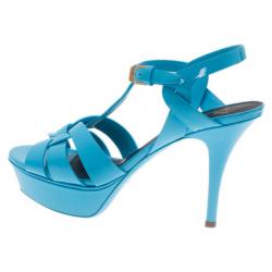 Pre Owned Saint Laurent Paris Blue Patent Leather Tribute Platform Sandals Size 37