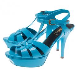 Pre Owned Saint Laurent Paris Blue Patent Leather Tribute Platform Sandals Size 37