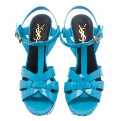 Pre Owned Saint Laurent Paris Blue Patent Leather Tribute Platform Sandals Size 37