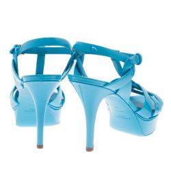 Pre Owned Saint Laurent Paris Blue Patent Leather Tribute Platform Sandals Size 37