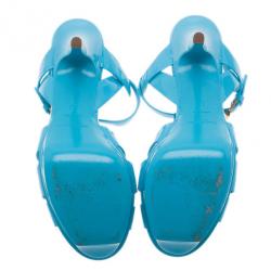 Pre Owned Saint Laurent Paris Blue Patent Leather Tribute Platform Sandals Size 37