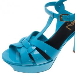 Pre Owned Saint Laurent Paris Blue Patent Leather Tribute Platform Sandals Size 37