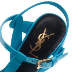 Pre Owned Saint Laurent Paris Blue Patent Leather Tribute Platform Sandals Size 37