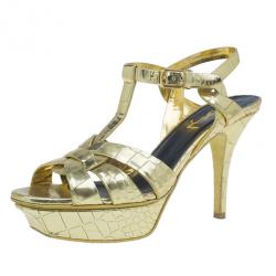 Pre Owned Saint Laurent Paris Gold Croc Embossed Leather Tribute Platform Sandals Size 37