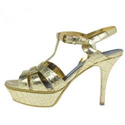 Pre Owned Saint Laurent Paris Gold Croc Embossed Leather Tribute Platform Sandals Size 37