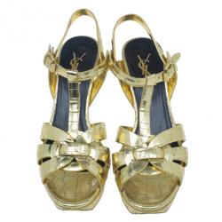 Pre Owned Saint Laurent Paris Gold Croc Embossed Leather Tribute Platform Sandals Size 37