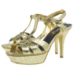 Pre Owned Saint Laurent Paris Gold Croc Embossed Leather Tribute Platform Sandals Size 37