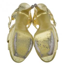 Pre Owned Saint Laurent Paris Gold Croc Embossed Leather Tribute Platform Sandals Size 37