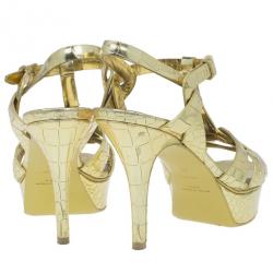 Pre Owned Saint Laurent Paris Gold Croc Embossed Leather Tribute Platform Sandals Size 37