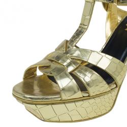 Pre Owned Saint Laurent Paris Gold Croc Embossed Leather Tribute Platform Sandals Size 37