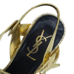Pre Owned Saint Laurent Paris Gold Croc Embossed Leather Tribute Platform Sandals Size 37