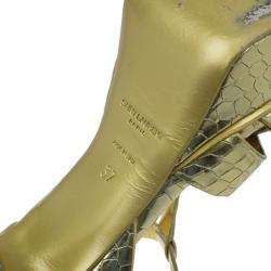 Pre Owned Saint Laurent Paris Gold Croc Embossed Leather Tribute Platform Sandals Size 37