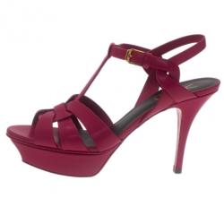 Pre Owned Saint Laurent Paris Pink Leather Tribute Platform Sandals Size 37.5